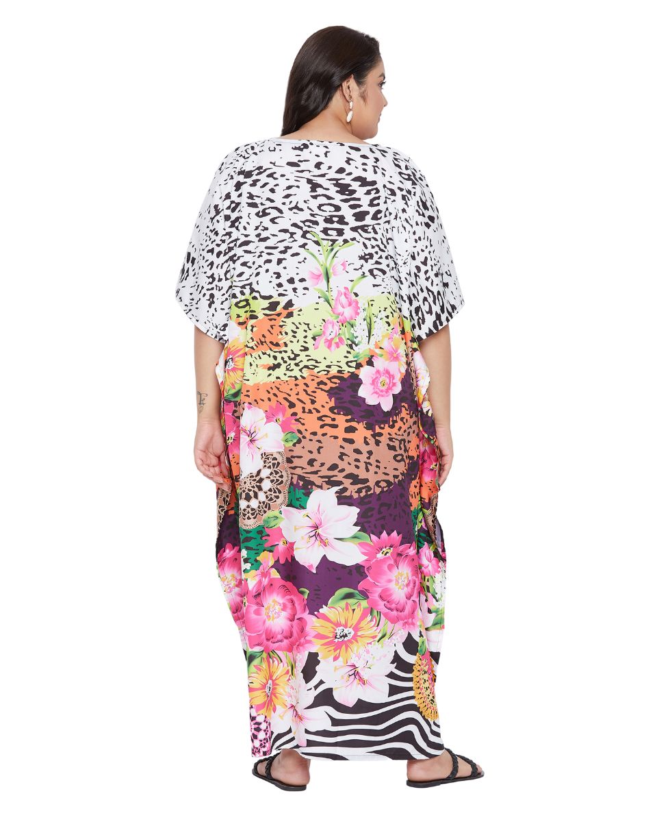 Floral Printed Multicolor Polyester Plus Size Kaftan Dress For Women