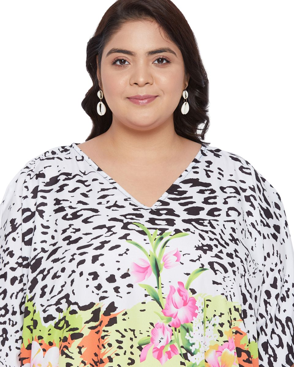 Floral Printed Multicolor Polyester Plus Size Kaftan Dress For Women
