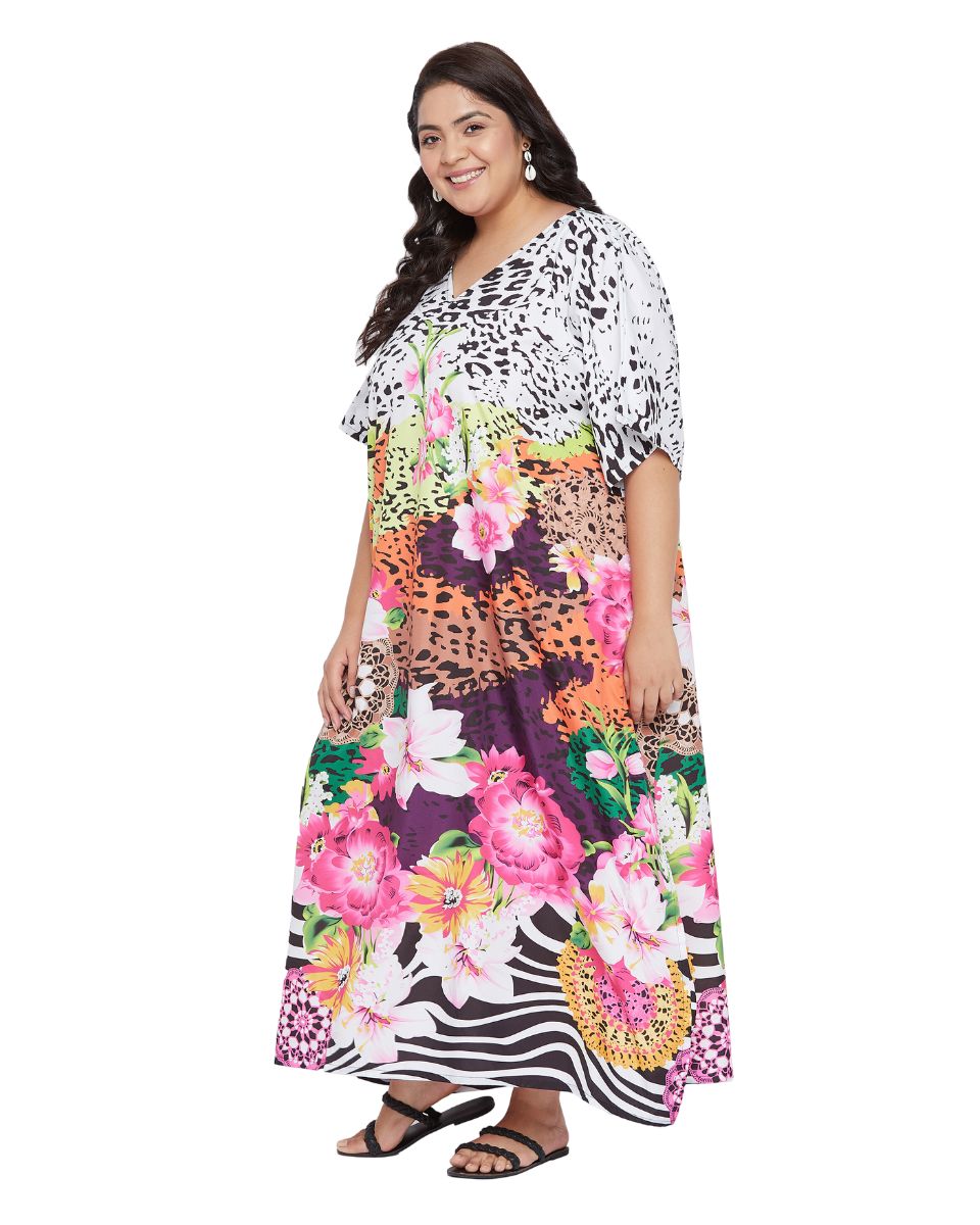 Floral Printed Multicolor Polyester Plus Size Kaftan Dress For Women