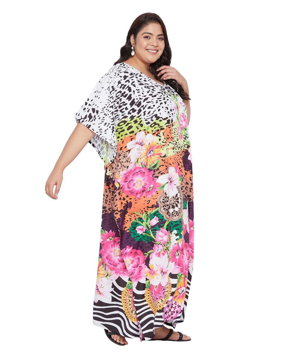 Floral Printed Multicolor Polyester Plus Size Kaftan Dress For Women