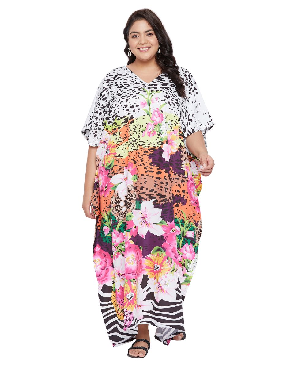 Floral Printed Multicolor Polyester Plus Size Kaftan Dress For Women