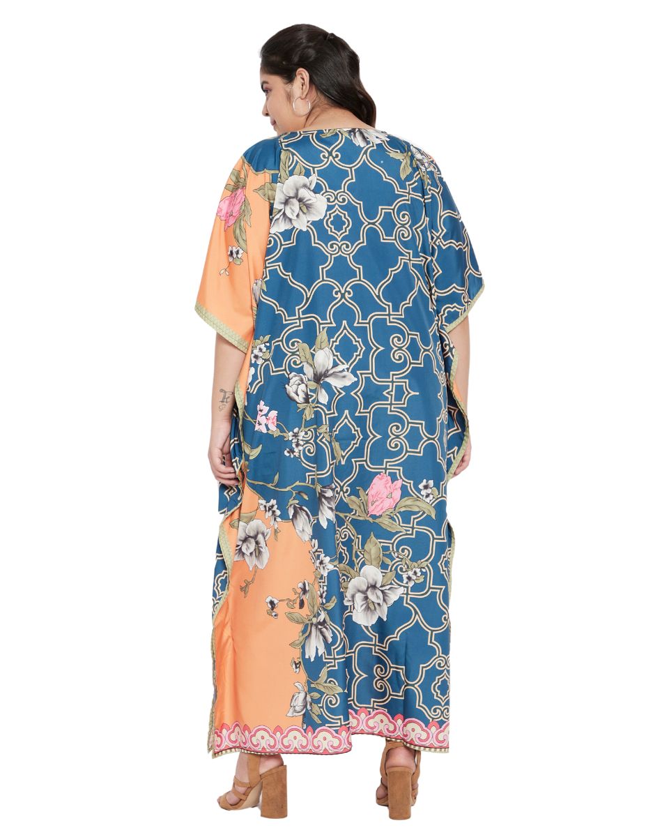 Floral Printed Blue Polyester Kaftan Dress Plus Size For Women