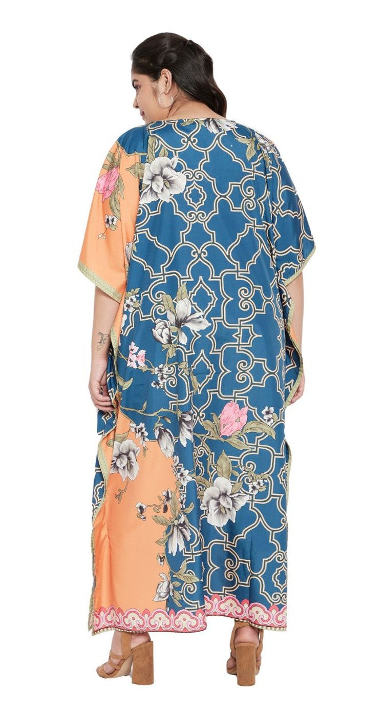 Blue and orange trellis floral colourblock print polyester plus size kaftan with V-neck — alternate view