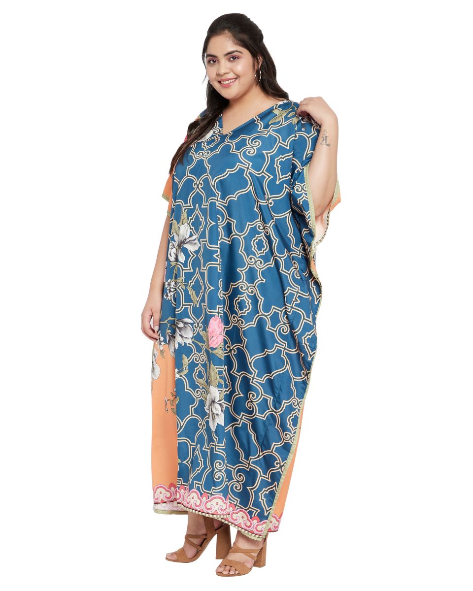 Floral Printed Blue Polyester Kaftan Dress Plus Size For Women