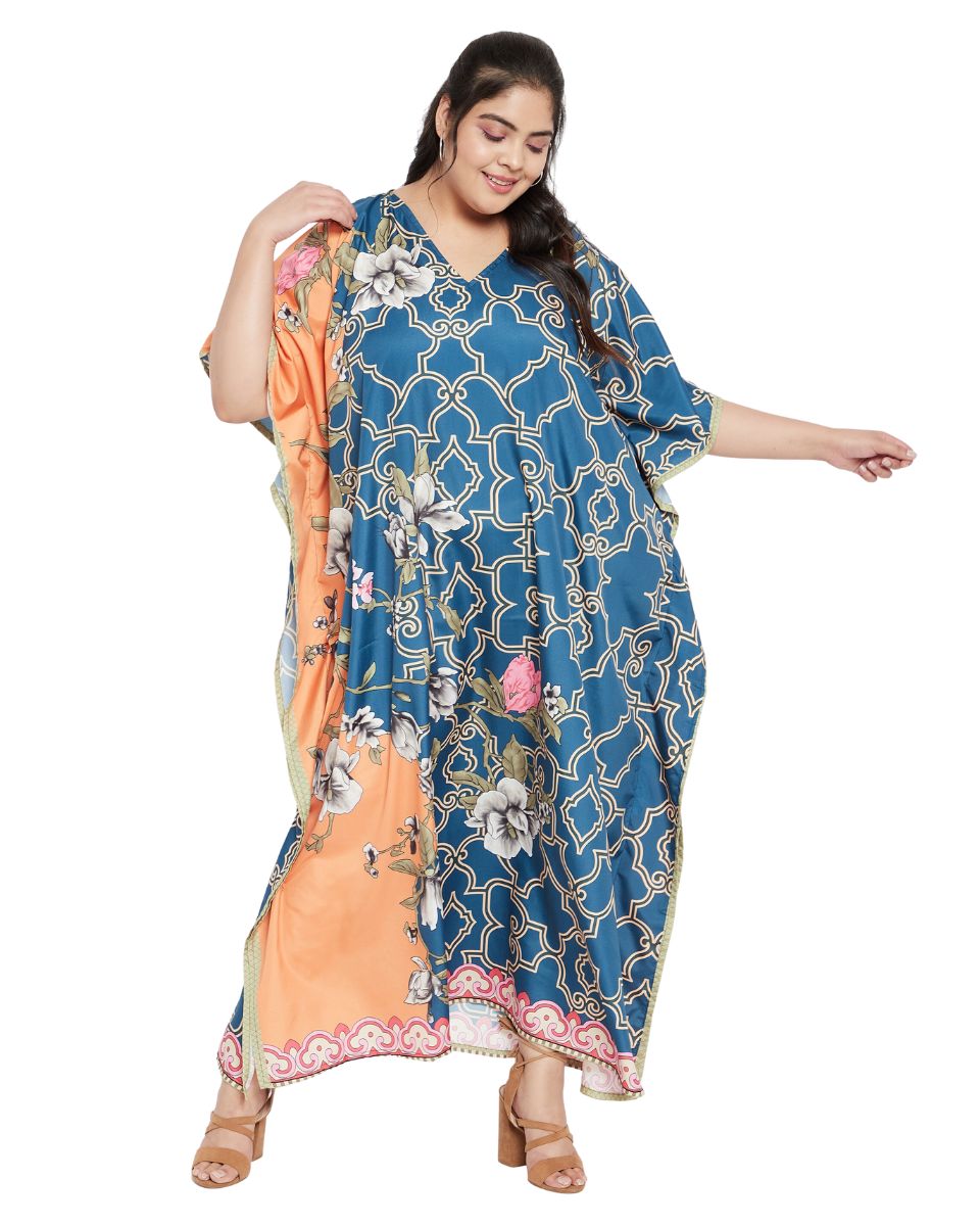 Floral Printed Blue Polyester Kaftan Dress Plus Size For Women