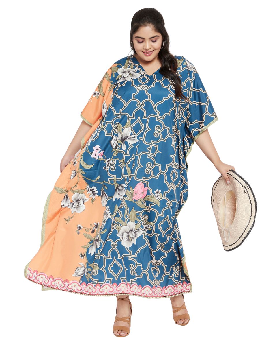 Floral Printed Blue Polyester Kaftan Dress Plus Size For Women