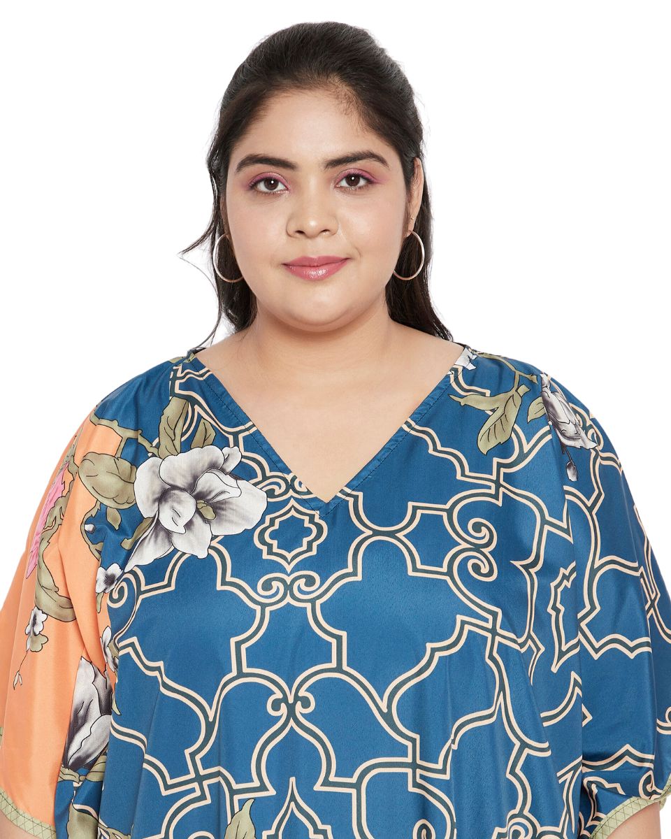 Floral Printed Blue Polyester Kaftan Dress Plus Size For Women