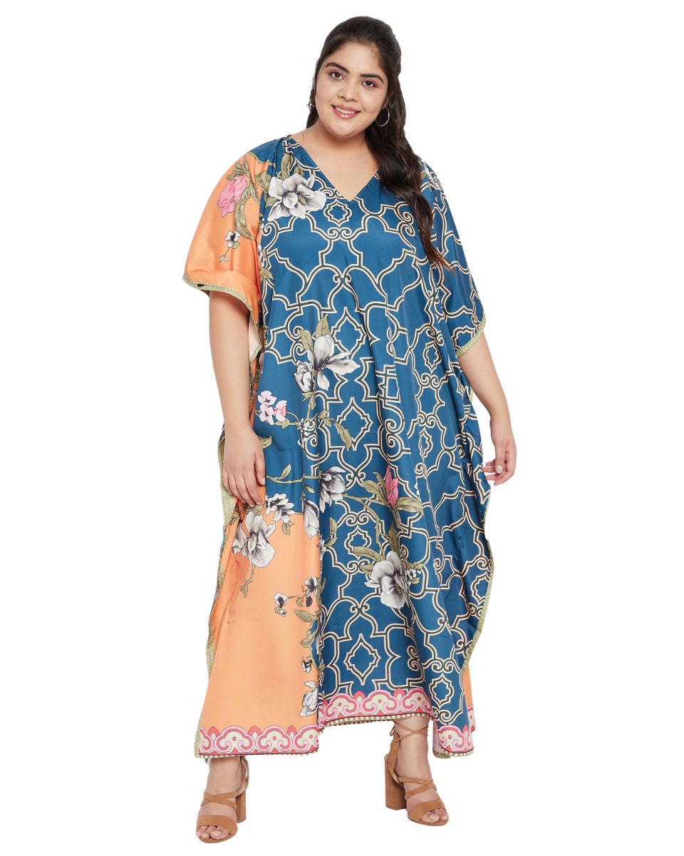 Floral Printed Blue Polyester Kaftan Dress Plus Size For Women