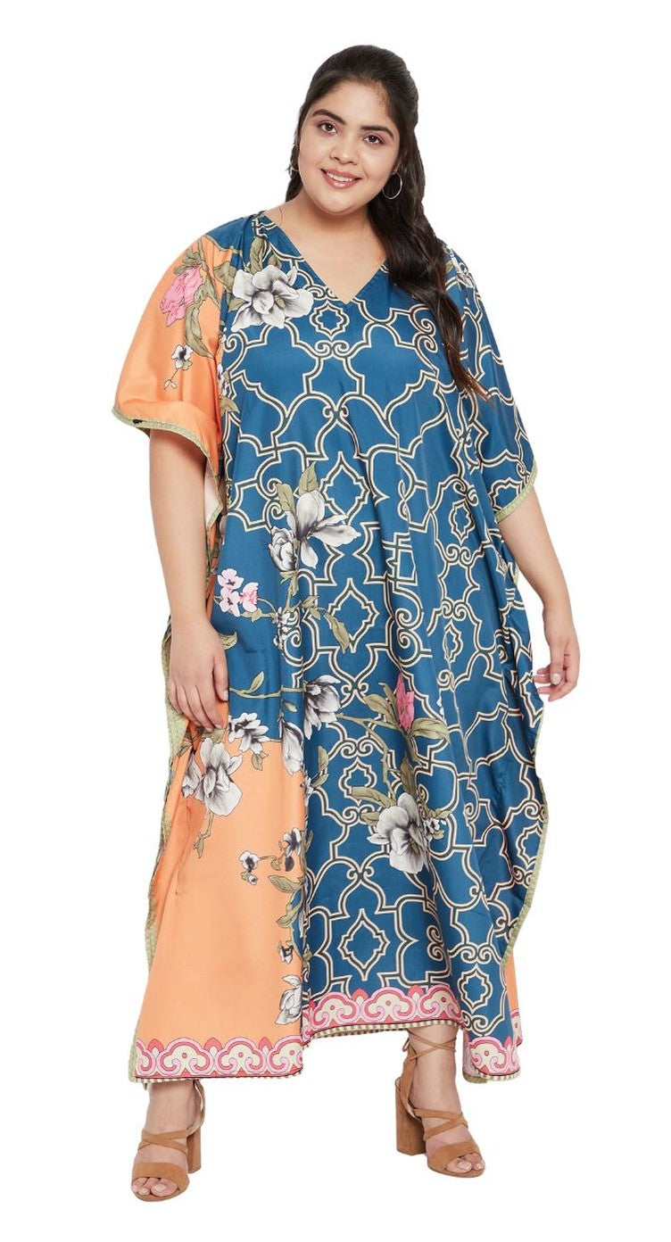 Blue and orange trellis floral colourblock print polyester plus size kaftan with V-neck