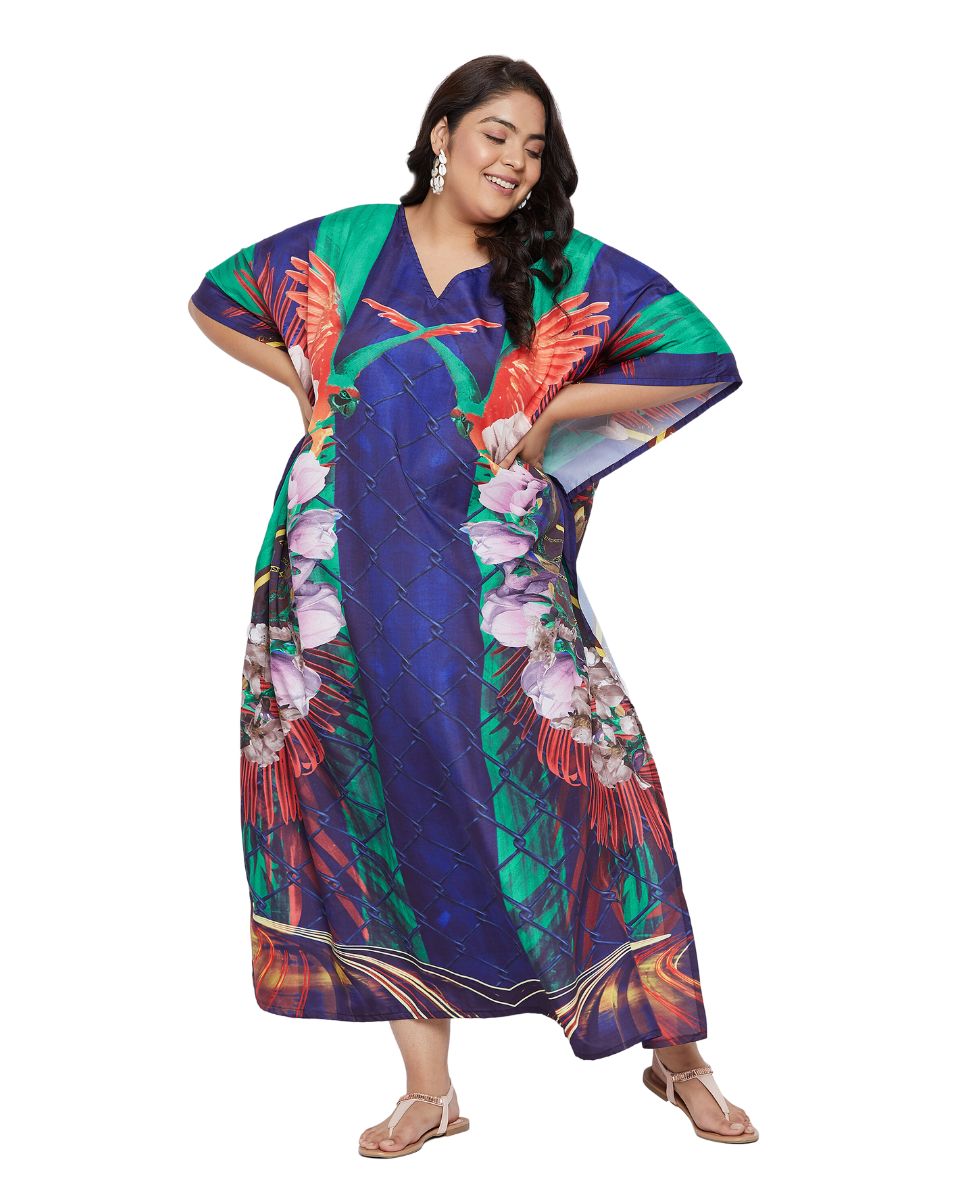 Floral Printed Navy Blue Polyester Plus Size Kaftan Dress For Women