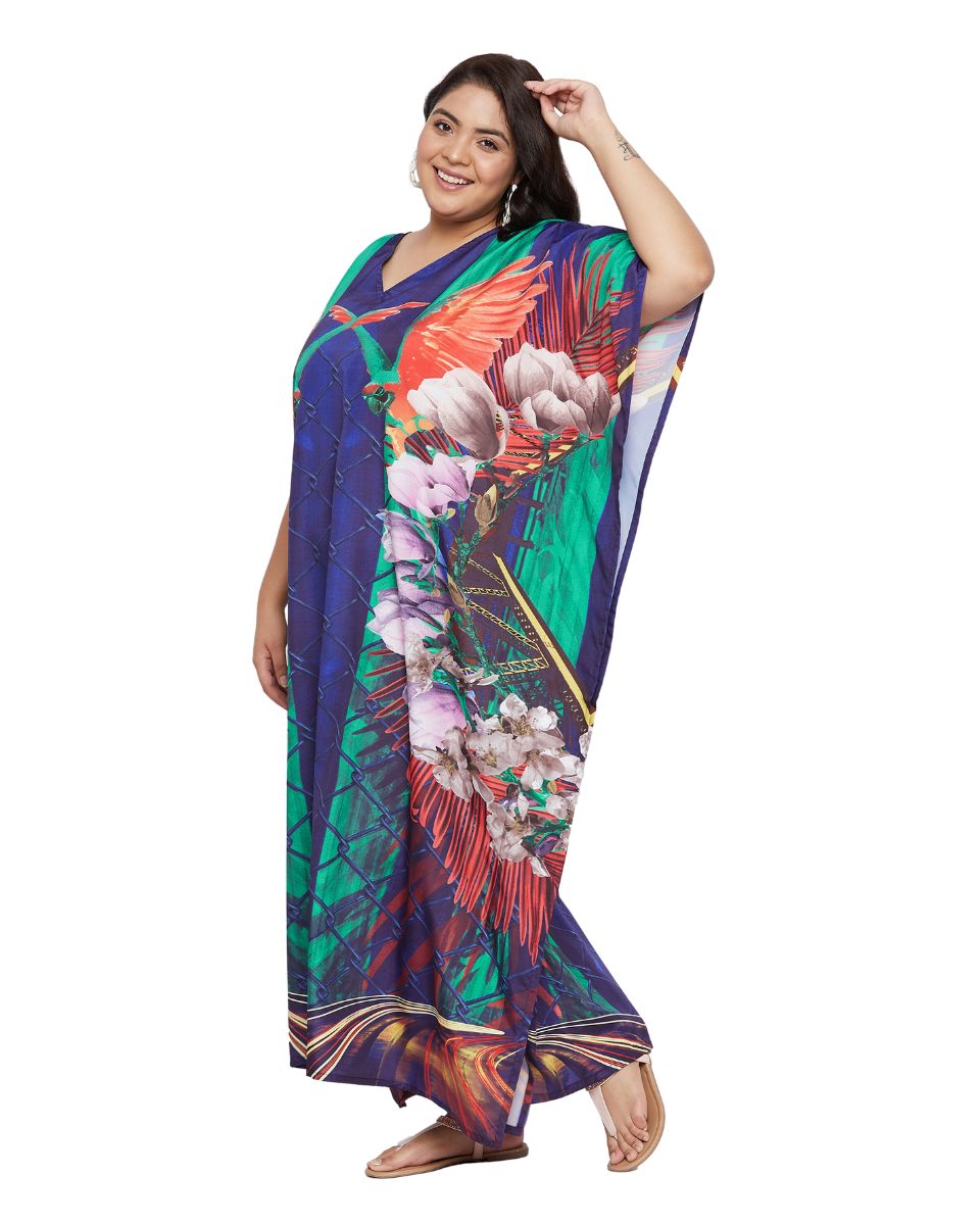 Floral Printed Navy Blue Polyester Plus Size Kaftan Dress For Women