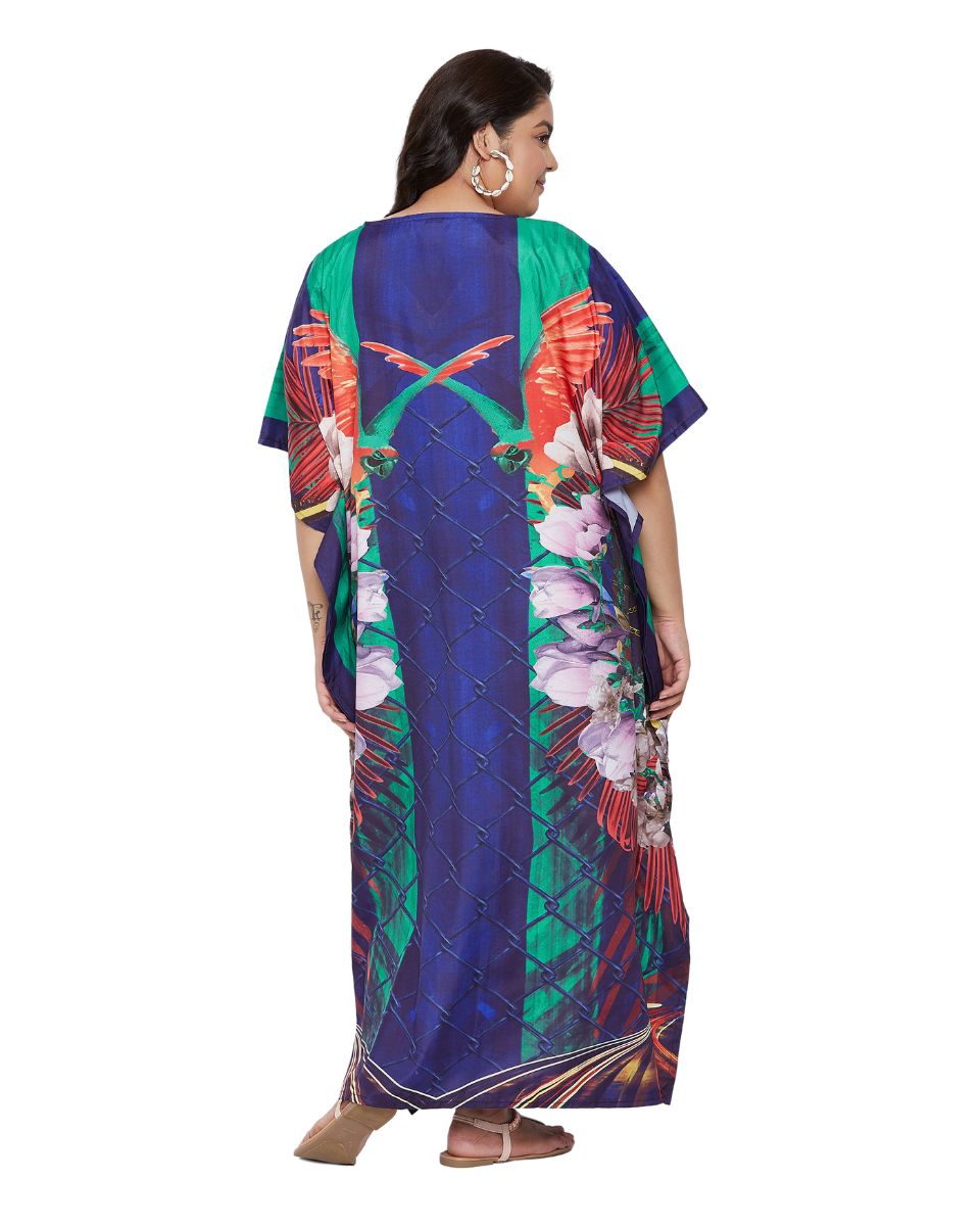 Floral Printed Navy Blue Polyester Plus Size Kaftan Dress For Women