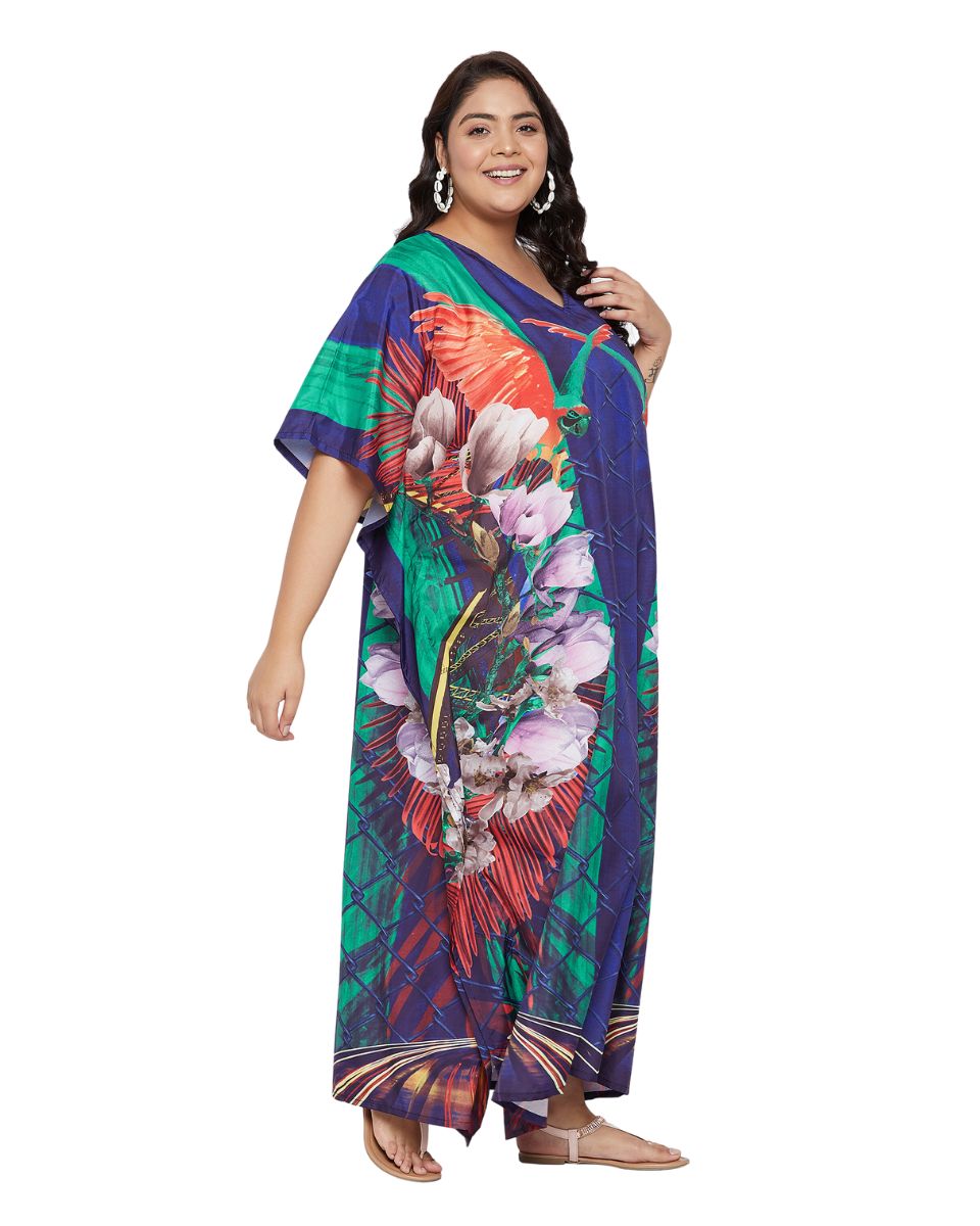 Floral Printed Navy Blue Polyester Plus Size Kaftan Dress For Women