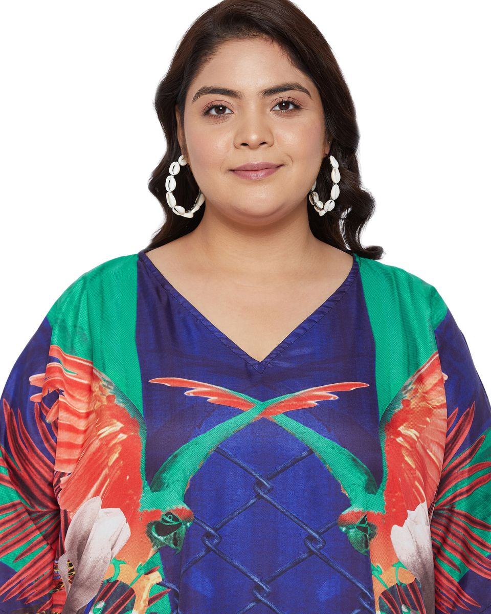 Floral Printed Navy Blue Polyester Plus Size Kaftan Dress For Women