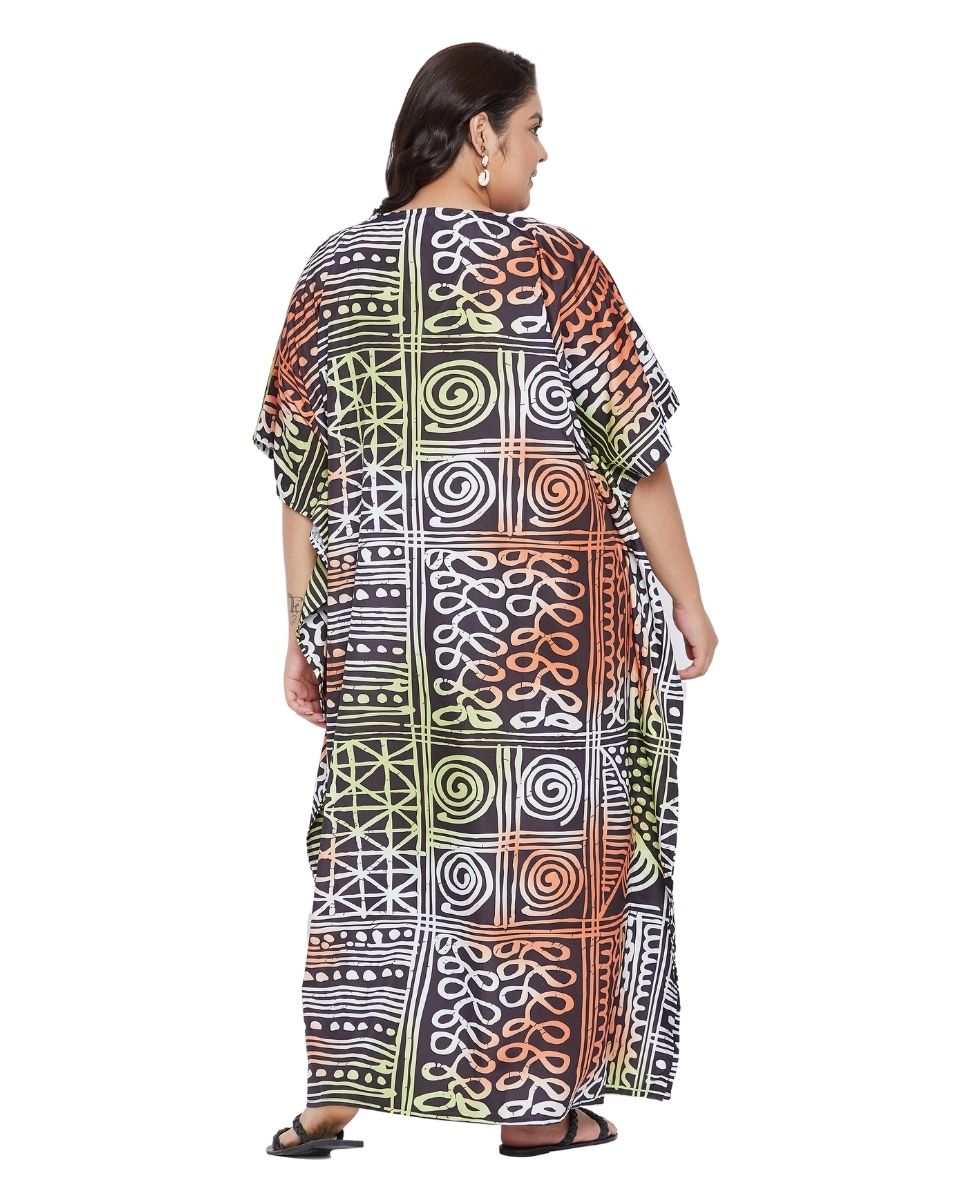 Geometric Printed  Plus Size Black Polyester Kaftan Dress For Women