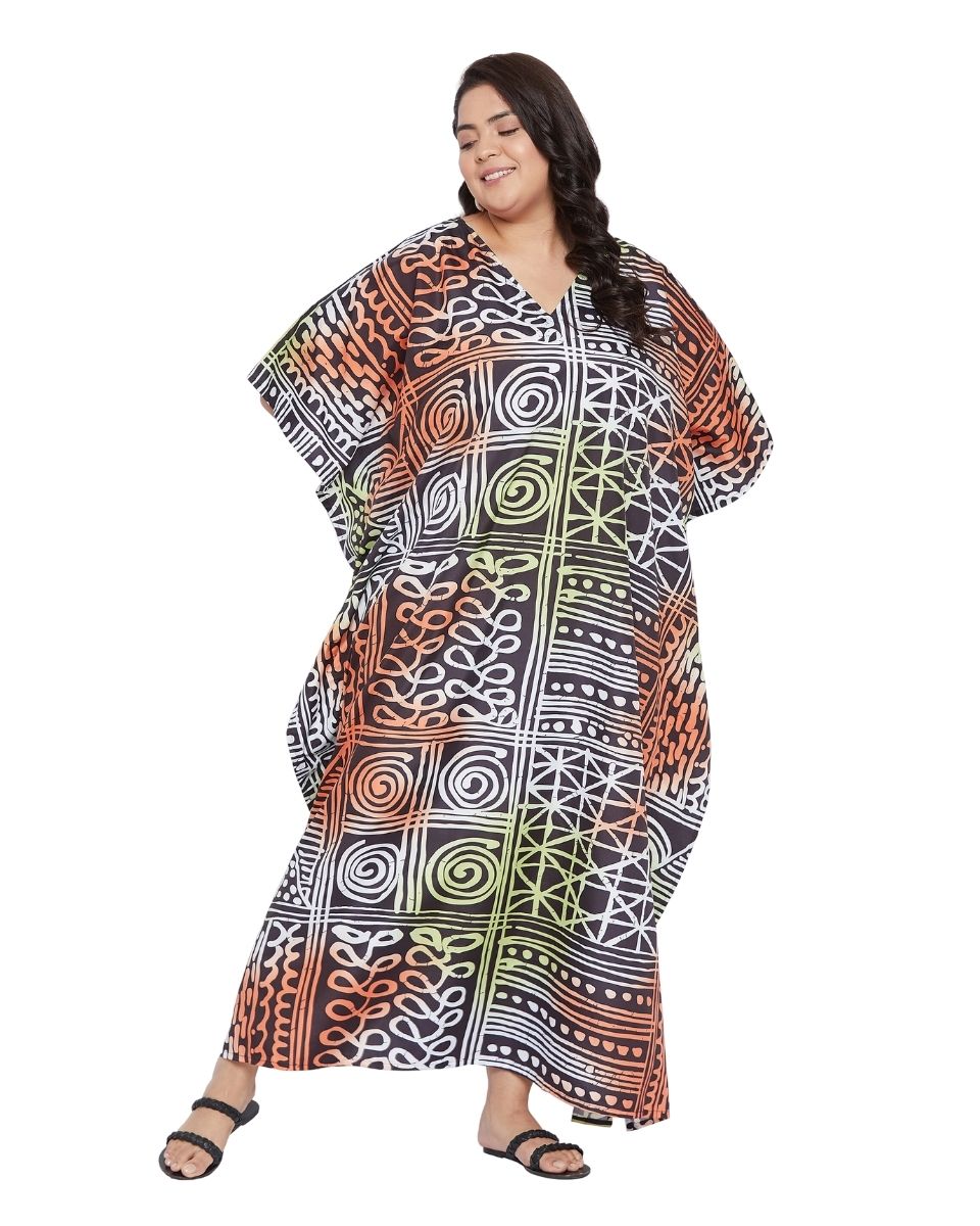 Geometric Printed  Plus Size Black Polyester Kaftan Dress For Women