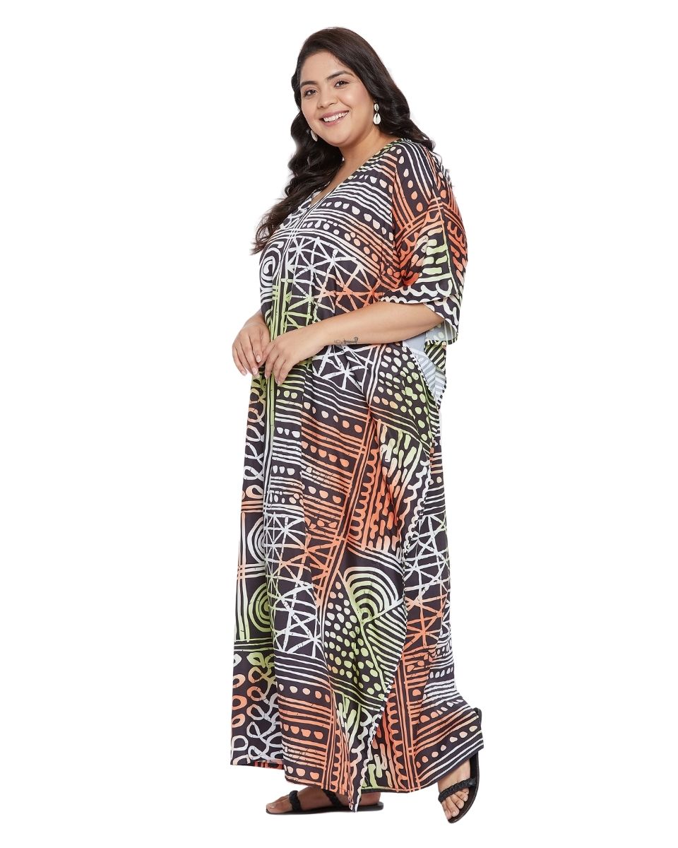 Geometric Printed  Plus Size Black Polyester Kaftan Dress For Women