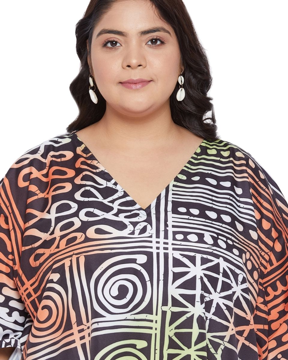 Geometric Printed  Plus Size Black Polyester Kaftan Dress For Women