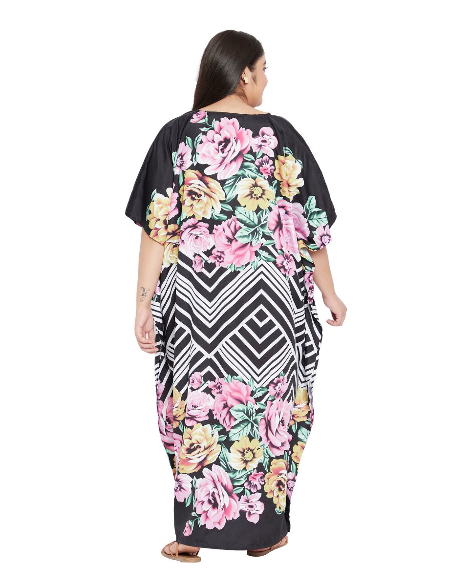 Floral Printed Black Polyester Kaftan Dress For Plus Size Women