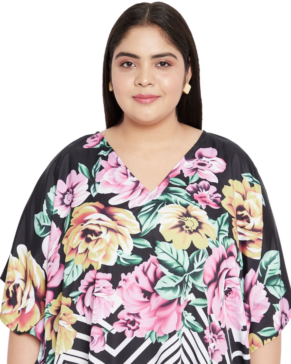 Floral Printed Black Polyester Kaftan Dress For Plus Size Women