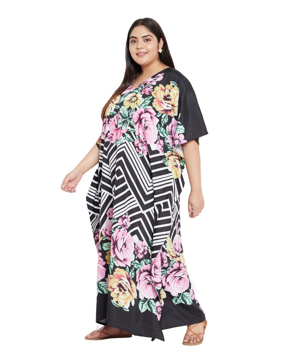Floral Printed Black Polyester Kaftan Dress For Plus Size Women