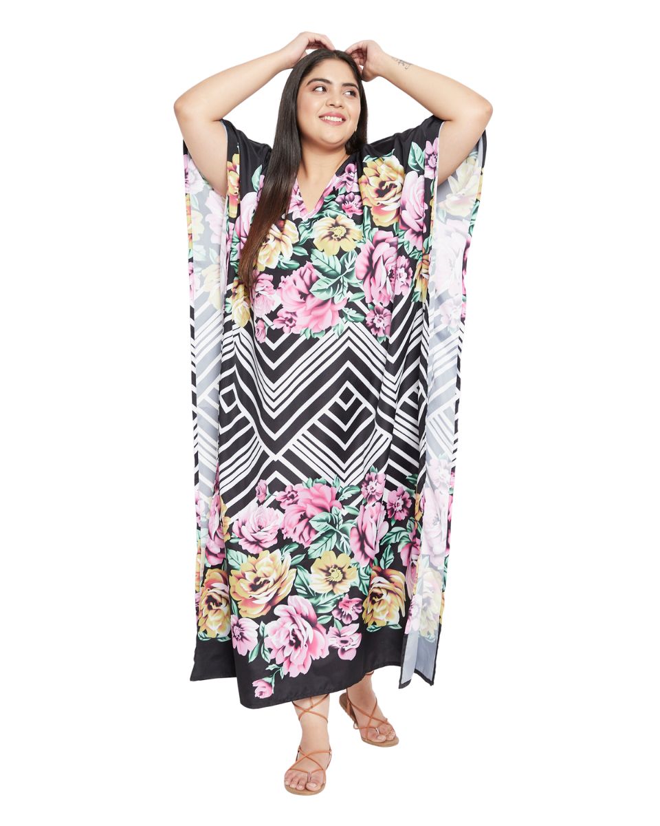 Floral Printed Black Polyester Kaftan Dress For Plus Size Women