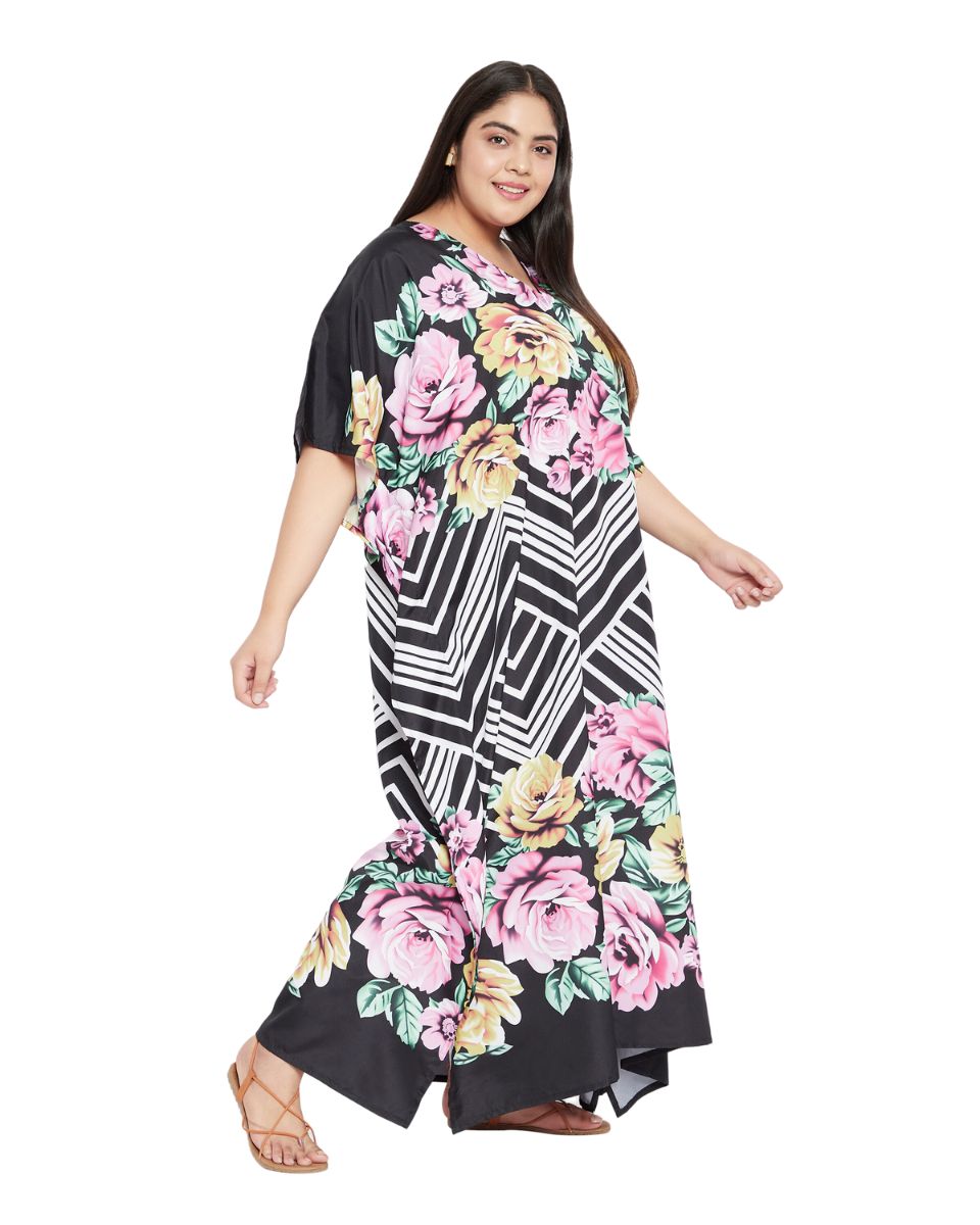 Floral Printed Black Polyester Kaftan Dress For Plus Size Women