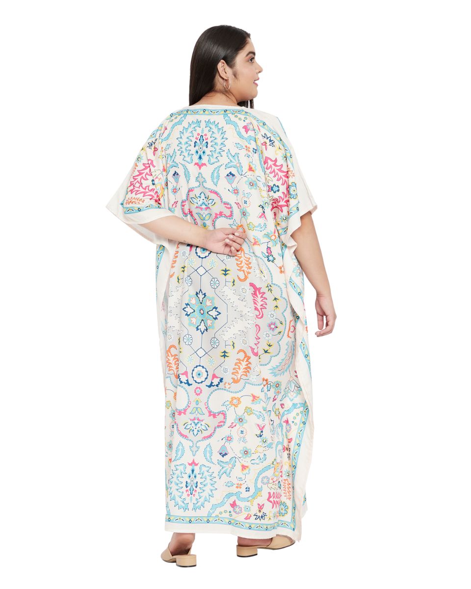 Floral Printed White Polyester Plus Size Kaftan Dress For Women
