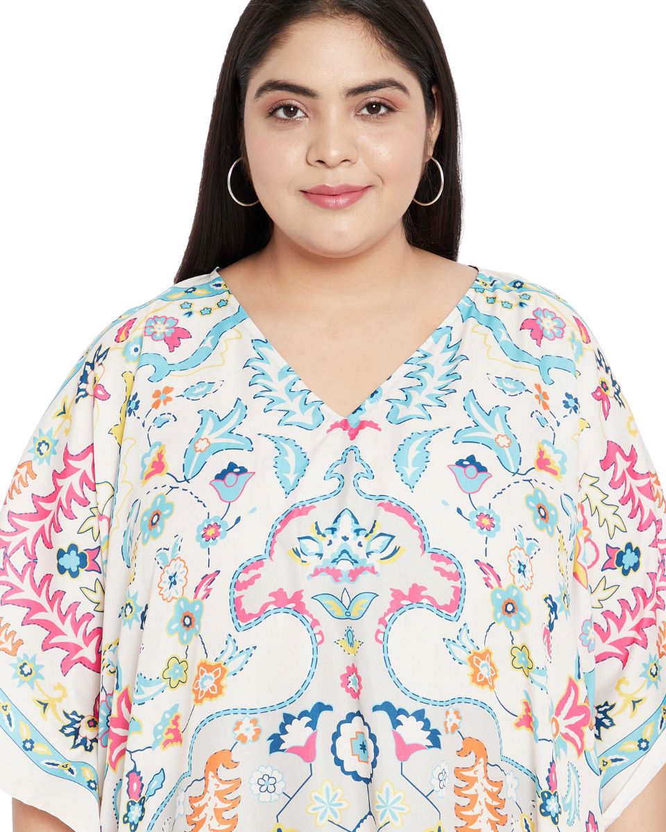 Floral Printed White Polyester Plus Size Kaftan Dress For Women