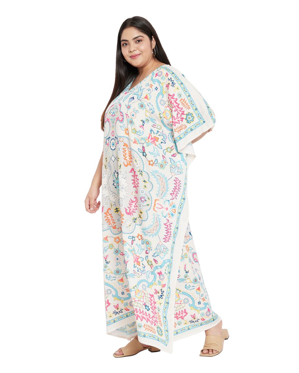 Floral Printed White Polyester Plus Size Kaftan Dress For Women