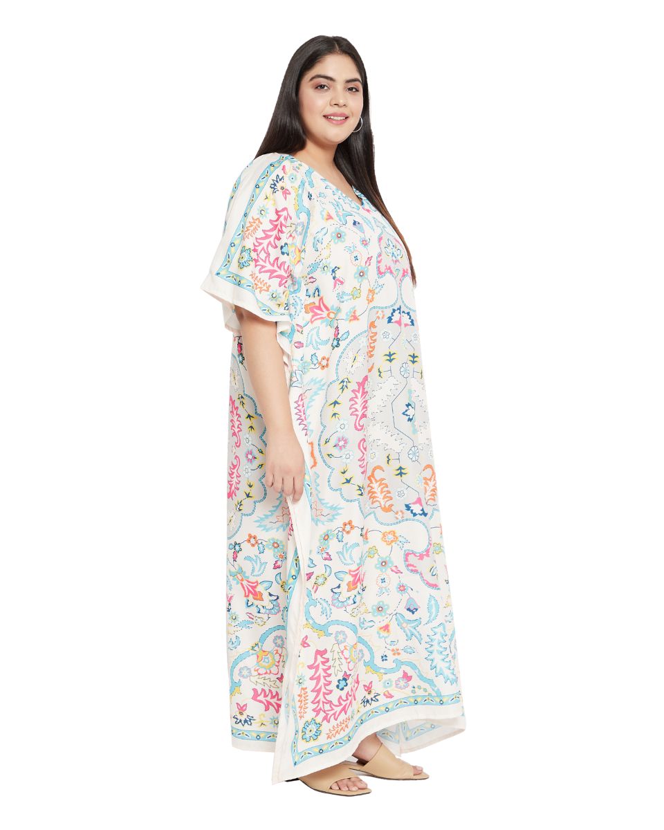 Floral Printed White Polyester Plus Size Kaftan Dress For Women
