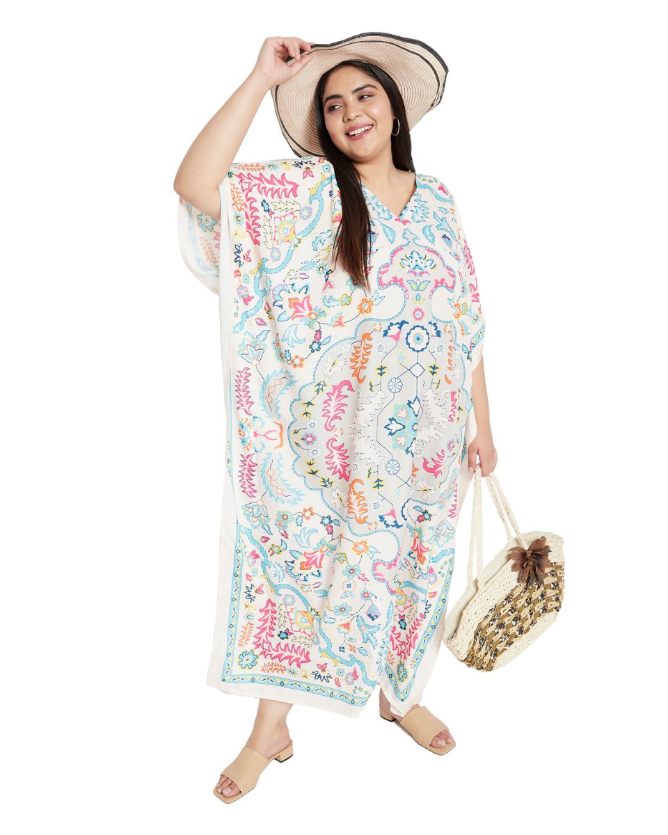 Floral Printed White Polyester Plus Size Kaftan Dress For Women