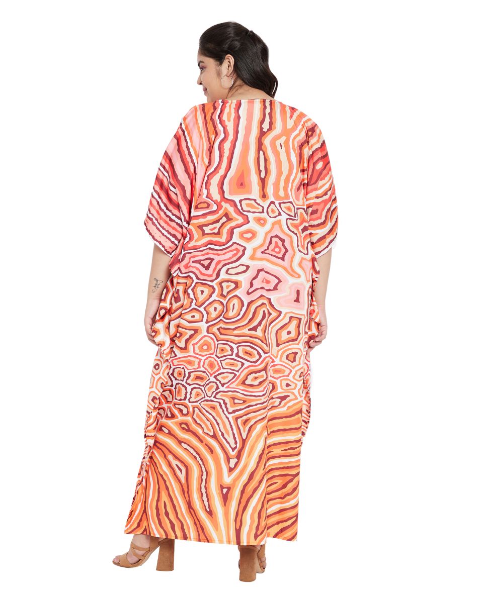 Animal Printed Orange Polyester Kaftan Dress For Plus Size Women