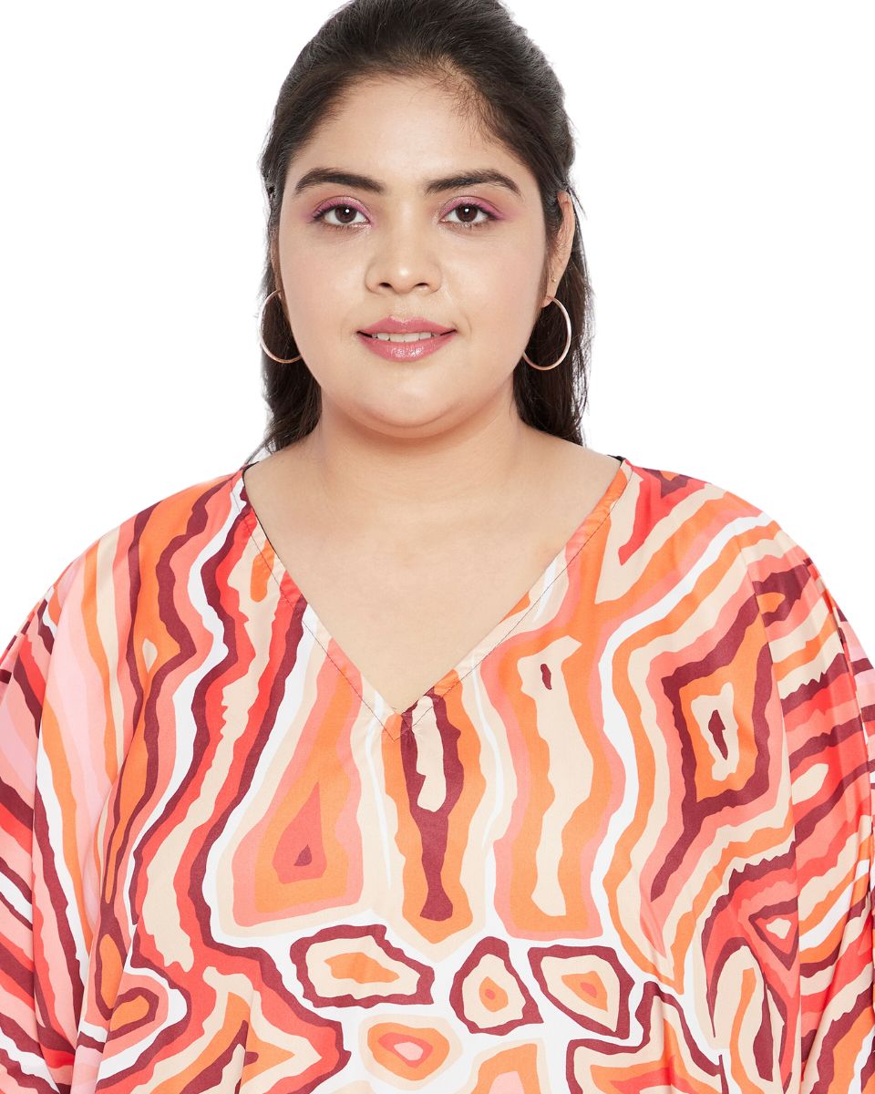 Animal Printed Orange Polyester Kaftan Dress For Plus Size Women