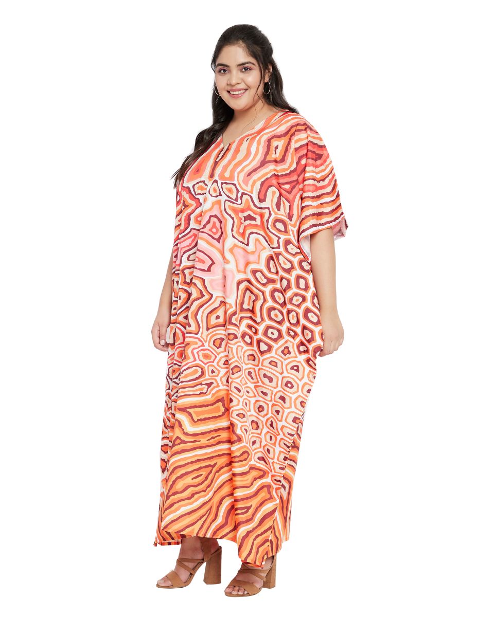 Animal Printed Orange Polyester Kaftan Dress For Plus Size Women