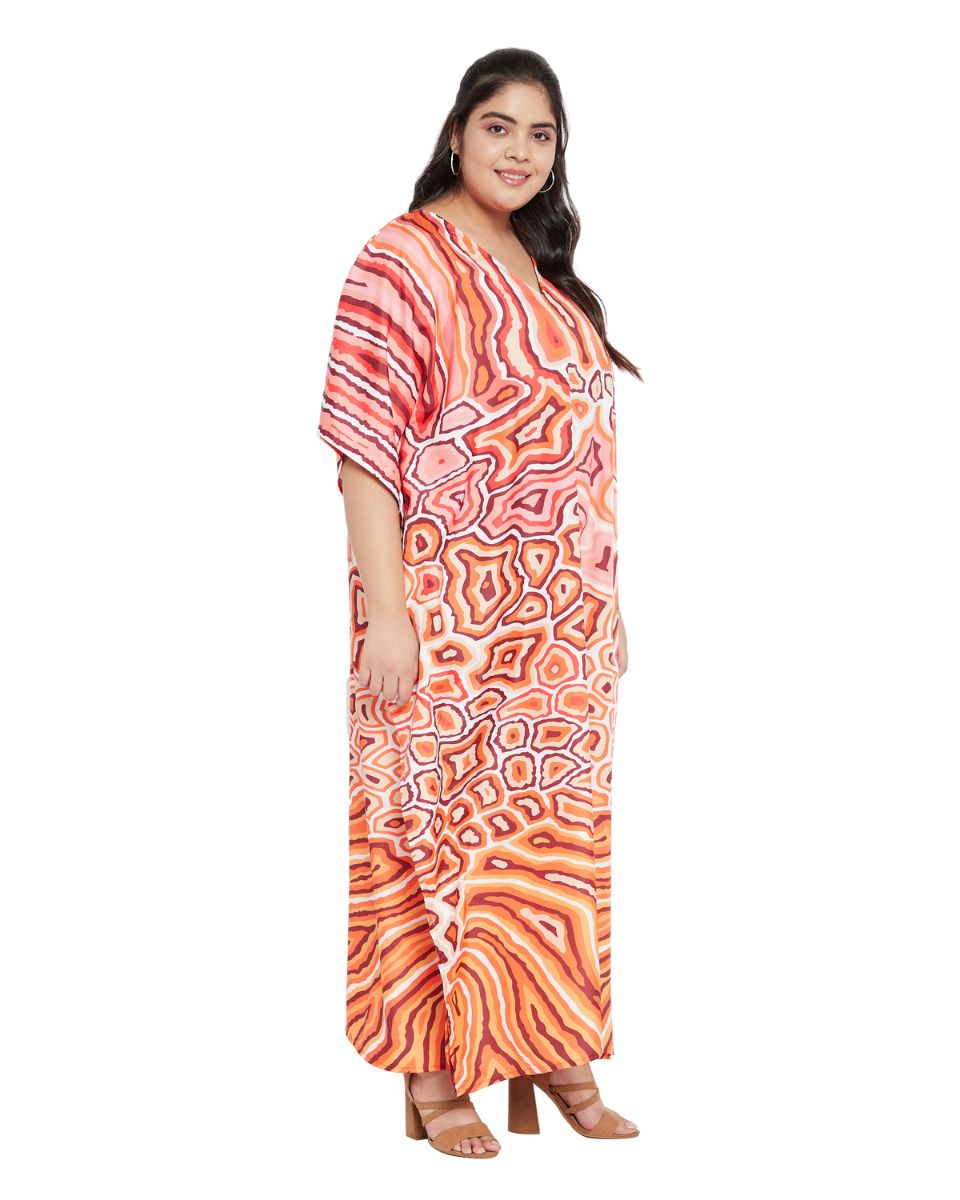 Animal Printed Orange Polyester Kaftan Dress For Plus Size Women
