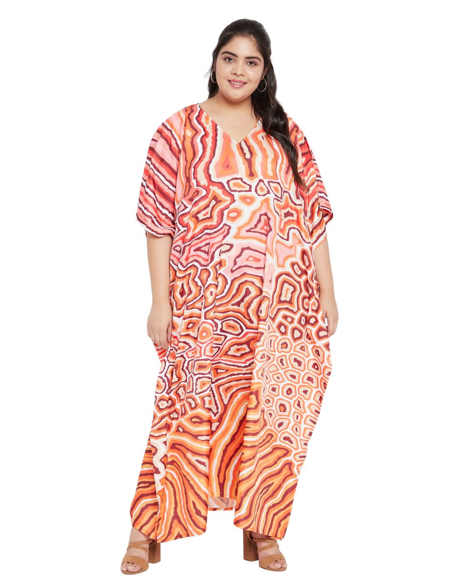 Animal Printed Orange Polyester Kaftan Dress For Plus Size Women