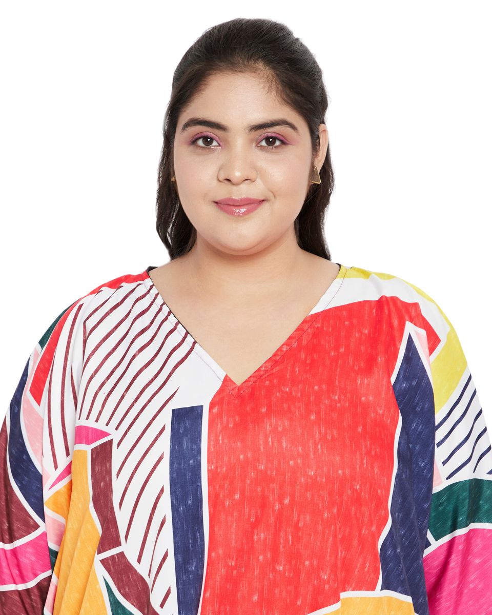 Abstract Printed Multicolor Polyester Kaftan Dress For Plus Size Women