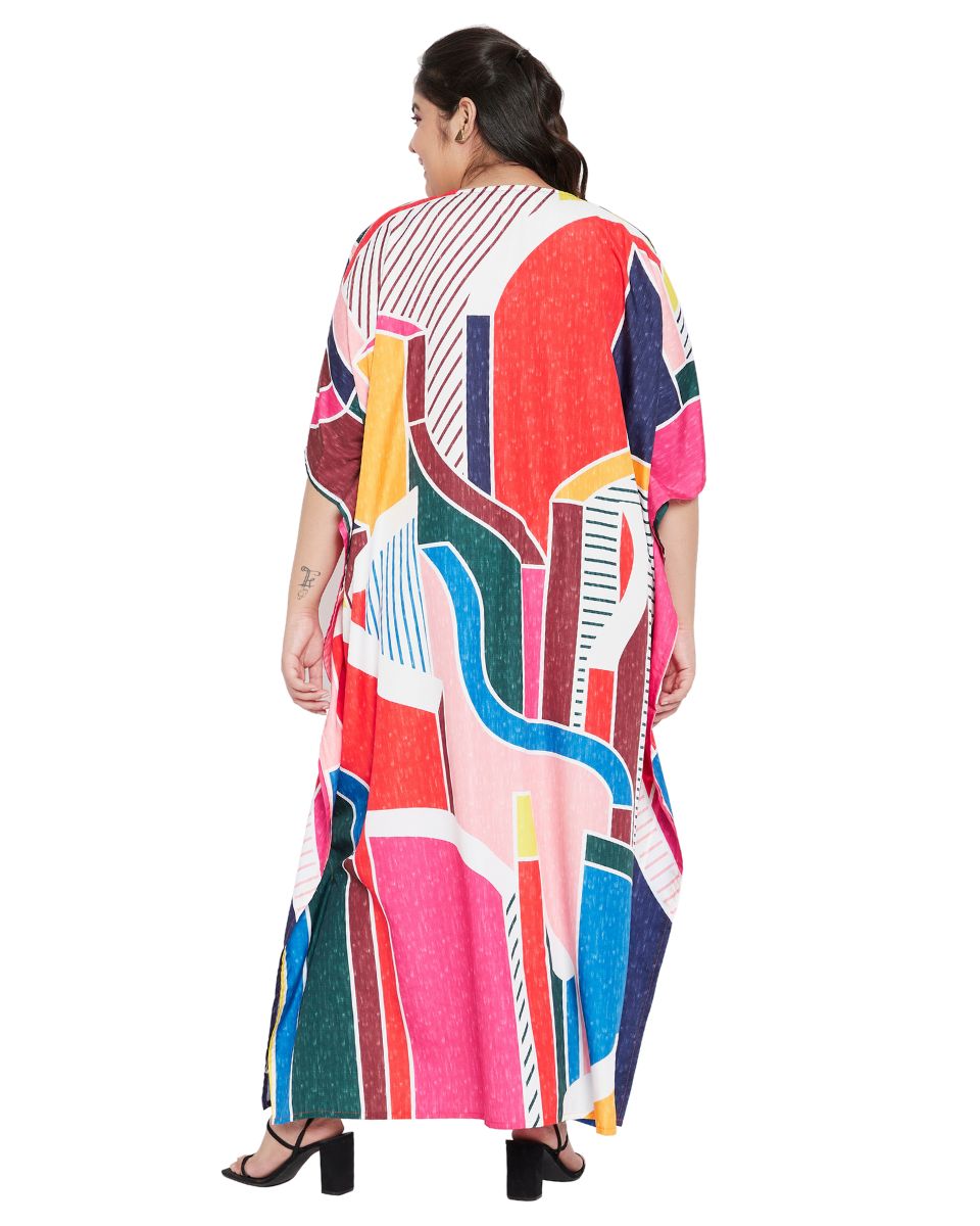 Abstract Printed Multicolor Polyester Kaftan Dress For Plus Size Women
