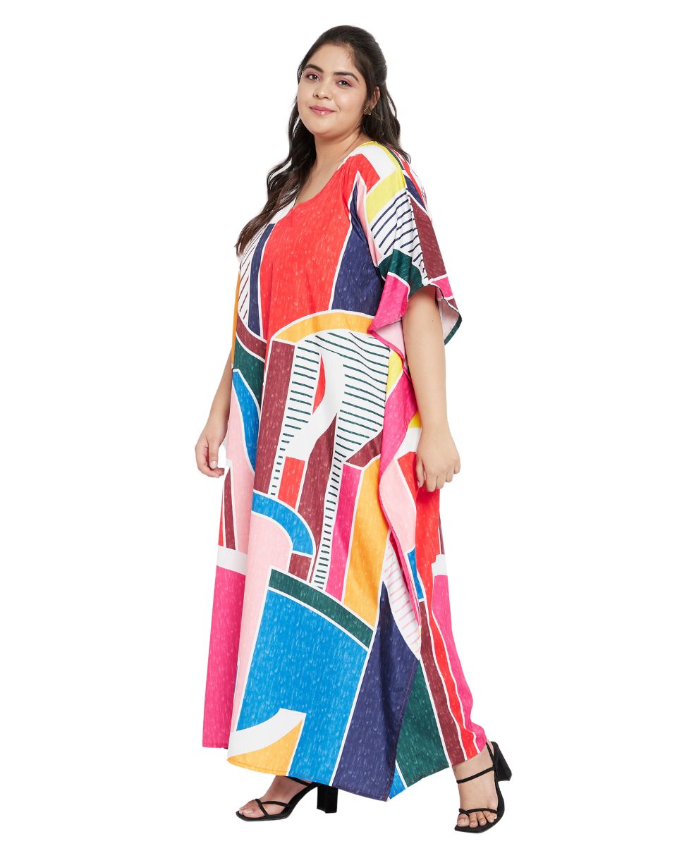 Abstract Printed Multicolor Polyester Kaftan Dress For Plus Size Women