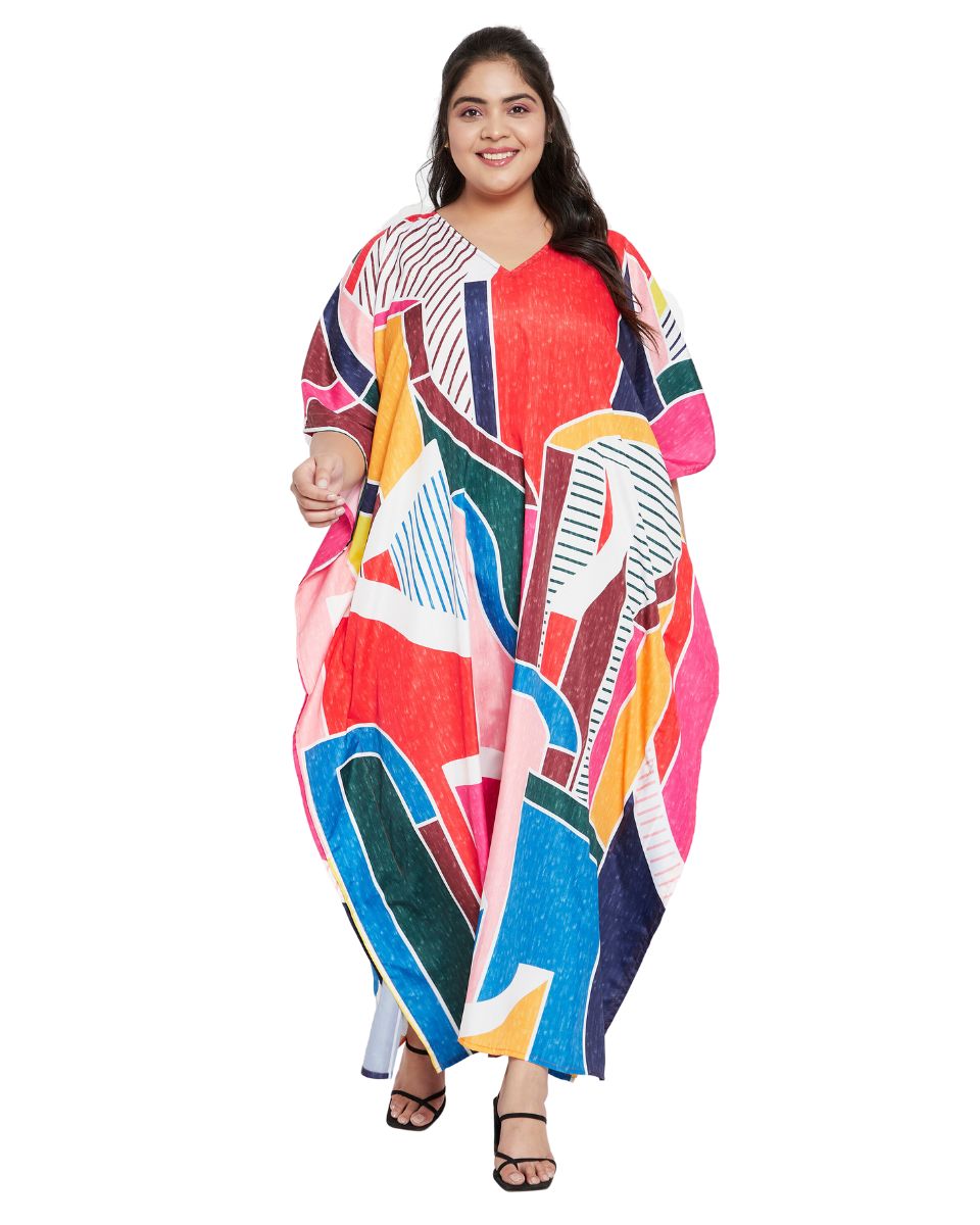 Abstract Printed Multicolor Polyester Kaftan Dress For Plus Size Women