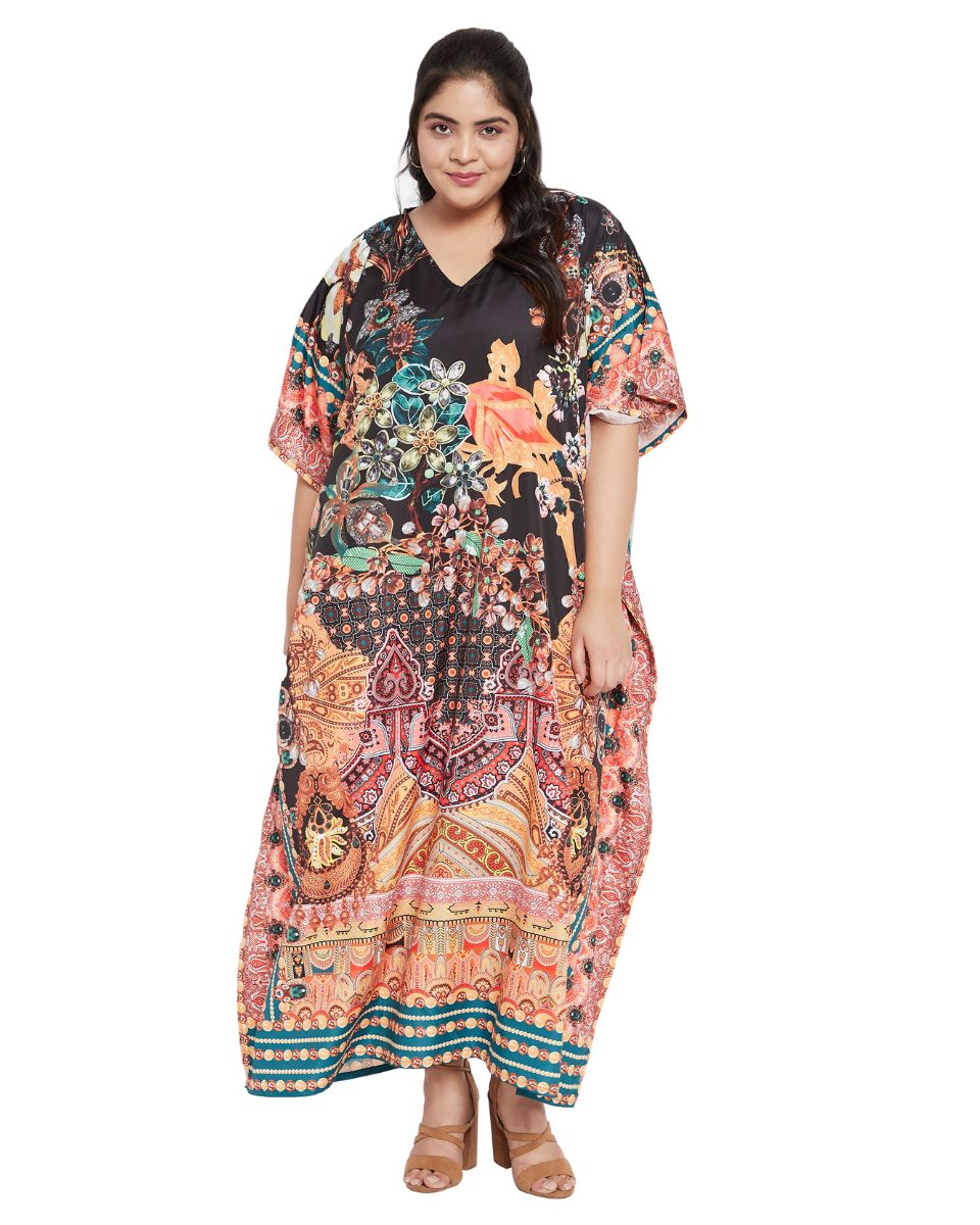 Floral Printed Black Polyester Kaftan Plus Size Dress For Women