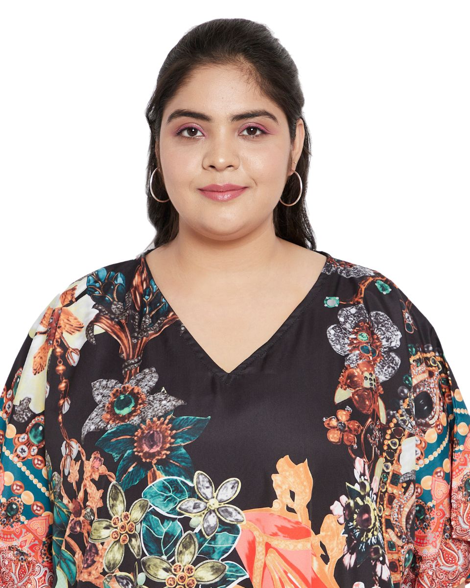Floral Printed Black Polyester Kaftan Plus Size Dress For Women