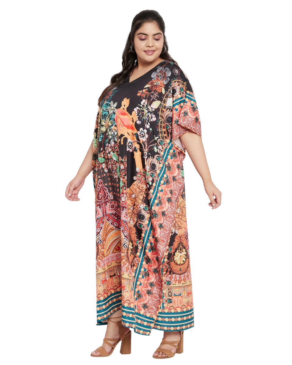 Floral Printed Black Polyester Kaftan Plus Size Dress For Women