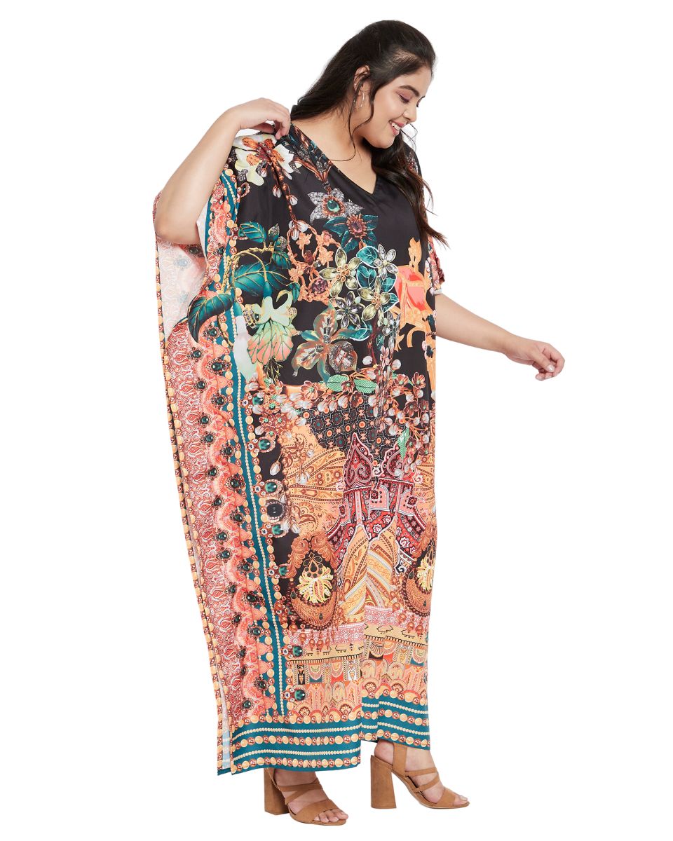 Floral Printed Black Polyester Kaftan Plus Size Dress For Women