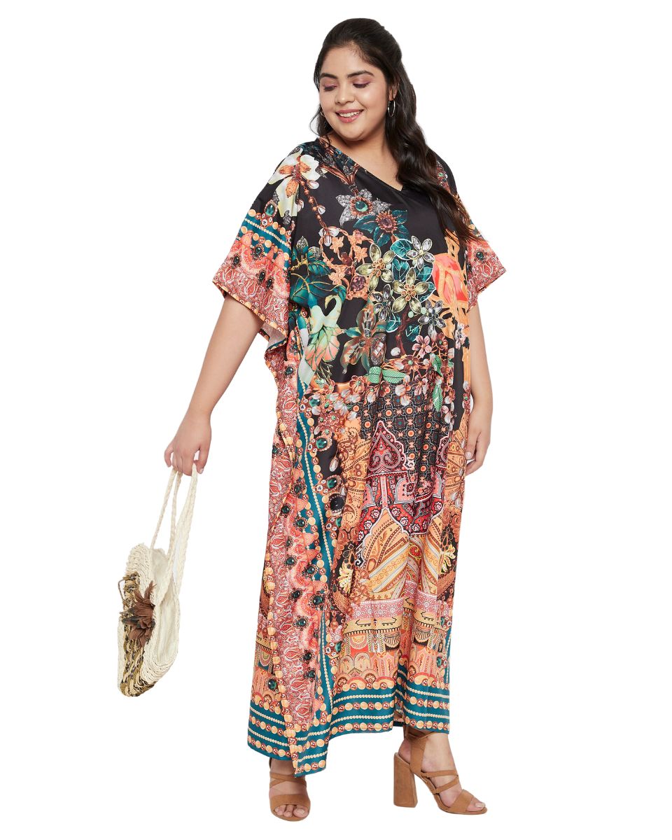 Floral Printed Black Polyester Kaftan Plus Size Dress For Women