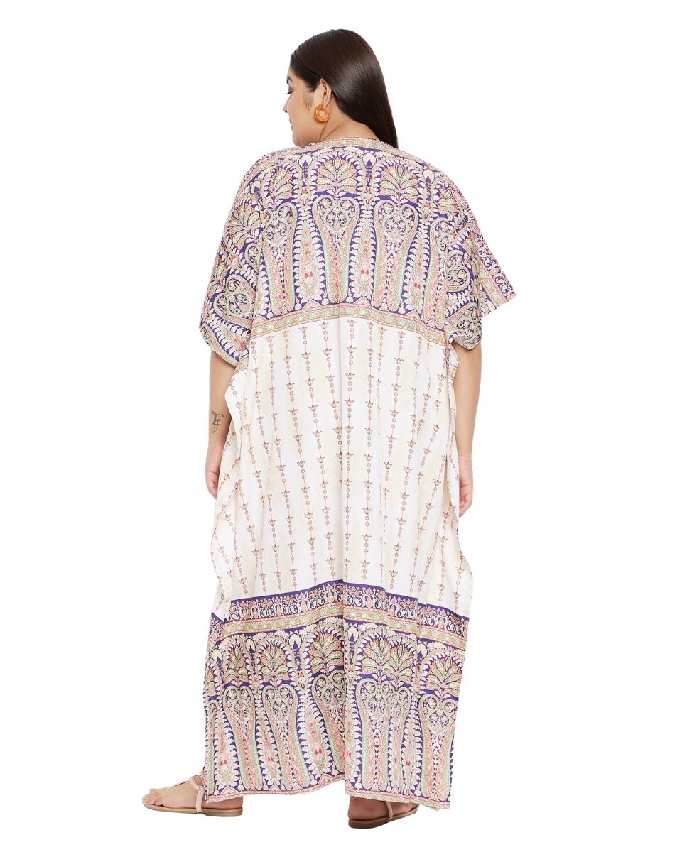 Floral Printed Cream Plus Size Polyester Kaftan Dress For Women
