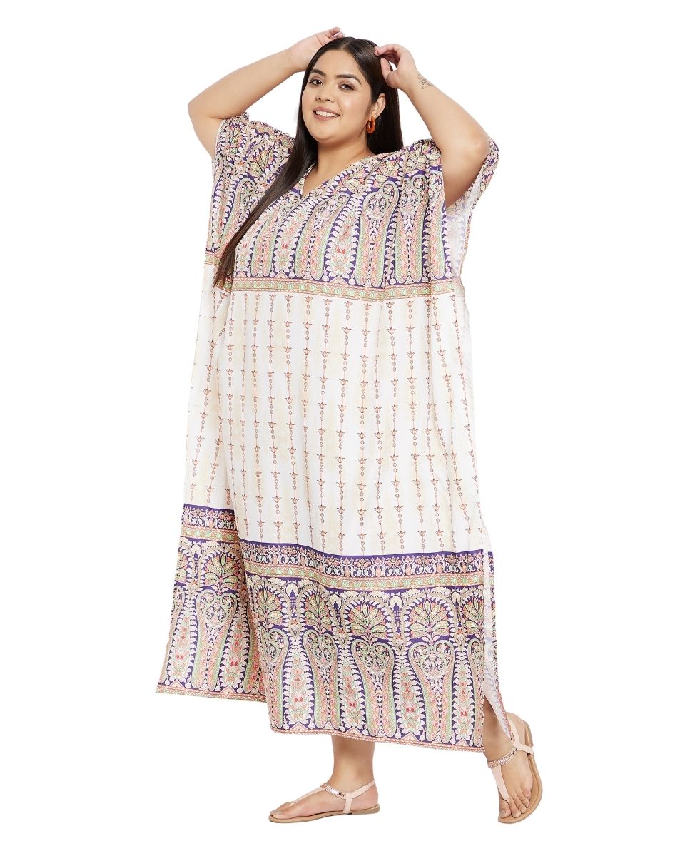 Floral Printed Cream Plus Size Polyester Kaftan Dress For Women
