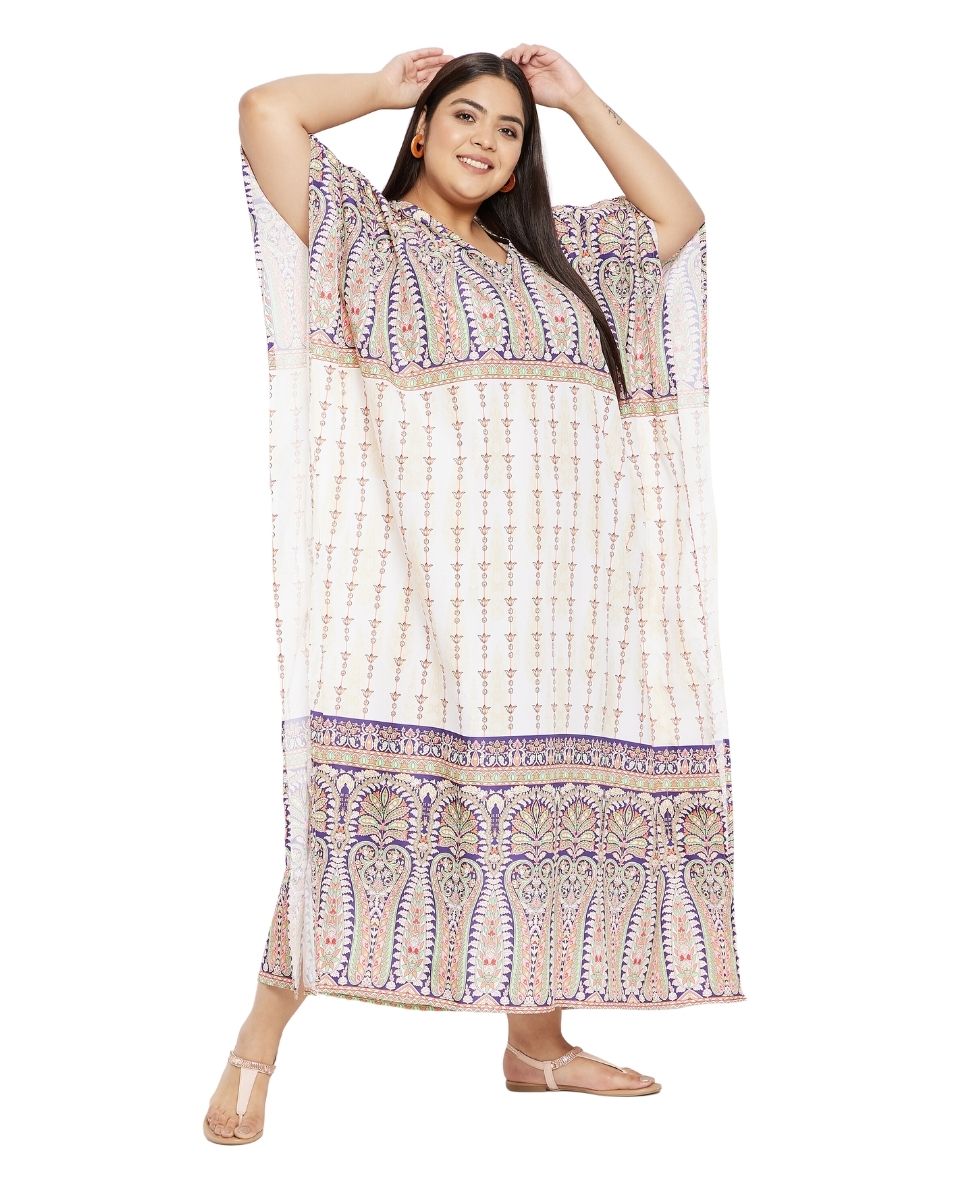Floral Printed Cream Plus Size Polyester Kaftan Dress For Women