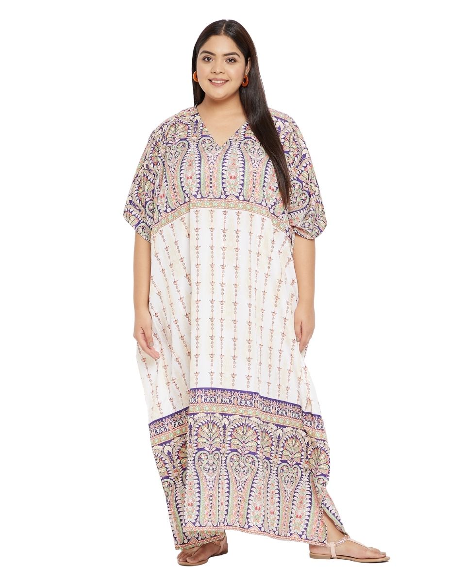 Floral Printed Cream Plus Size Polyester Kaftan Dress For Women